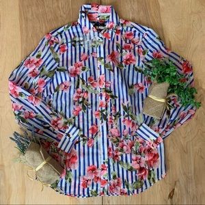 Talbots Striped Floral Button Up Blouse